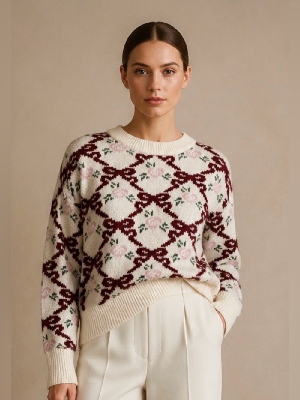 Sincerely Jules Cream and Burgundy Knit Sweater w/ Bows & Floral Pattern L